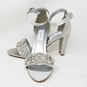 Silver Wedding Shoes with Chunky Heels Crystal and Pearl Design 100 COLORS Silver Bridal Shoes with Block Heel Silver Bridal Shoes Bling
