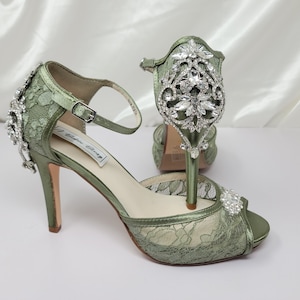 Sage Green Wedding Shoes Sage Green Bridal Shoes Crystal front and Back Design Lace Wedding Shoes Lace Bridal Shoes - 100 Color Choices