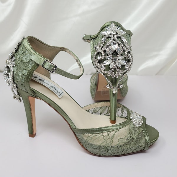 Sage Green Wedding Shoes Sage Green Bridal Shoes Crystal front and Back Design Lace Wedding Shoes Lace Bridal Shoes - 100 Color Choices