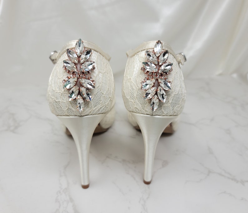 Ivory lace wedding shoes with rose gold design