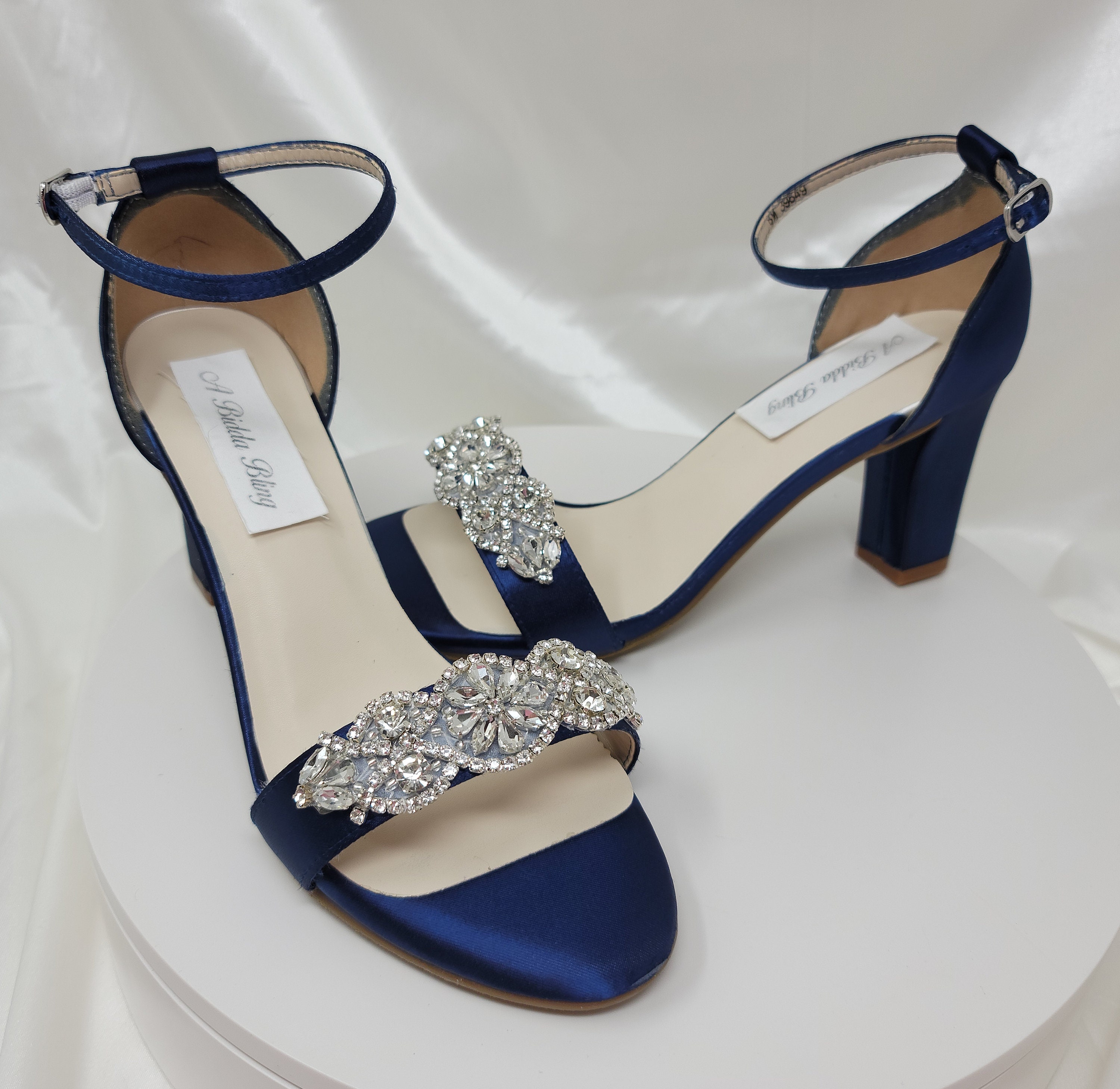 Navy Blue Chunky Heels With Crystal Applique Navy Blue Wedding | Etsy