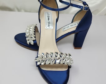 Navy Blue Block Heels for Bride with Crystal Design Navy Blue Wedding Shoes Blue Chunky Heel Blue Bridal Shoes 100 COLORS Navy Wedding Shoes