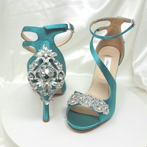Teal Bridal Shoes with Crystals Front and Back Teal Wedding Shoes Woman&#39;s Wedding Shoes Woman&#39;s Bridal Shoes Teal Heels