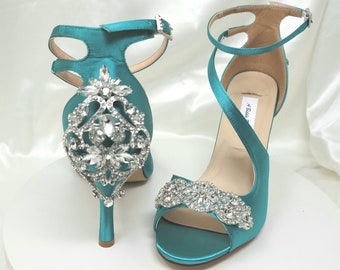 Teal Bridal Shoes with Crystals Front and Back Teal Wedding Shoes Woman's Wedding Shoes Woman's Bridal Shoes Teal Heels