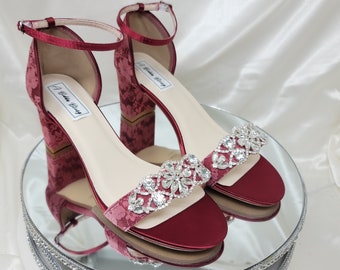 Burgundy Lace Bridal Shoes with Crystal Front Design Burgundy Chunky Heels 100 COLORS Burgundy Lace Bridal Block Heels Burgundy Block Heels