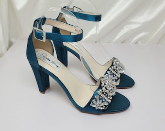 Teal Block Heels Teal Chunky Heels 100 COLORS Teal Bridal Sandals Crystal Pearl Design Teal Bridal Shoes Teal Bridal Heels