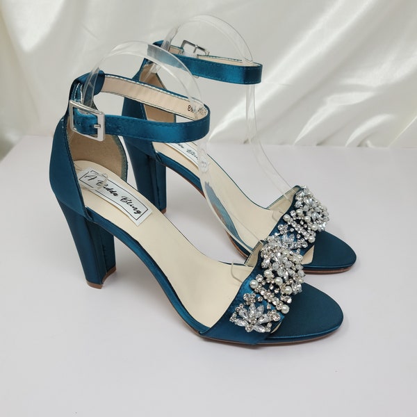 Teal Block Heels Teal Chunky Heels 100 COLORS Teal Bridal Sandals Crystal Pearl Design Teal Bridal Shoes Teal Bridal Heels