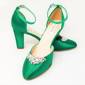 Emerald Green Block Wedding Shoes with Crystal Detail Over 100 COLORS Green Bridal Sandals Emerald Green Bridal Shoes Green Wedding Shoes