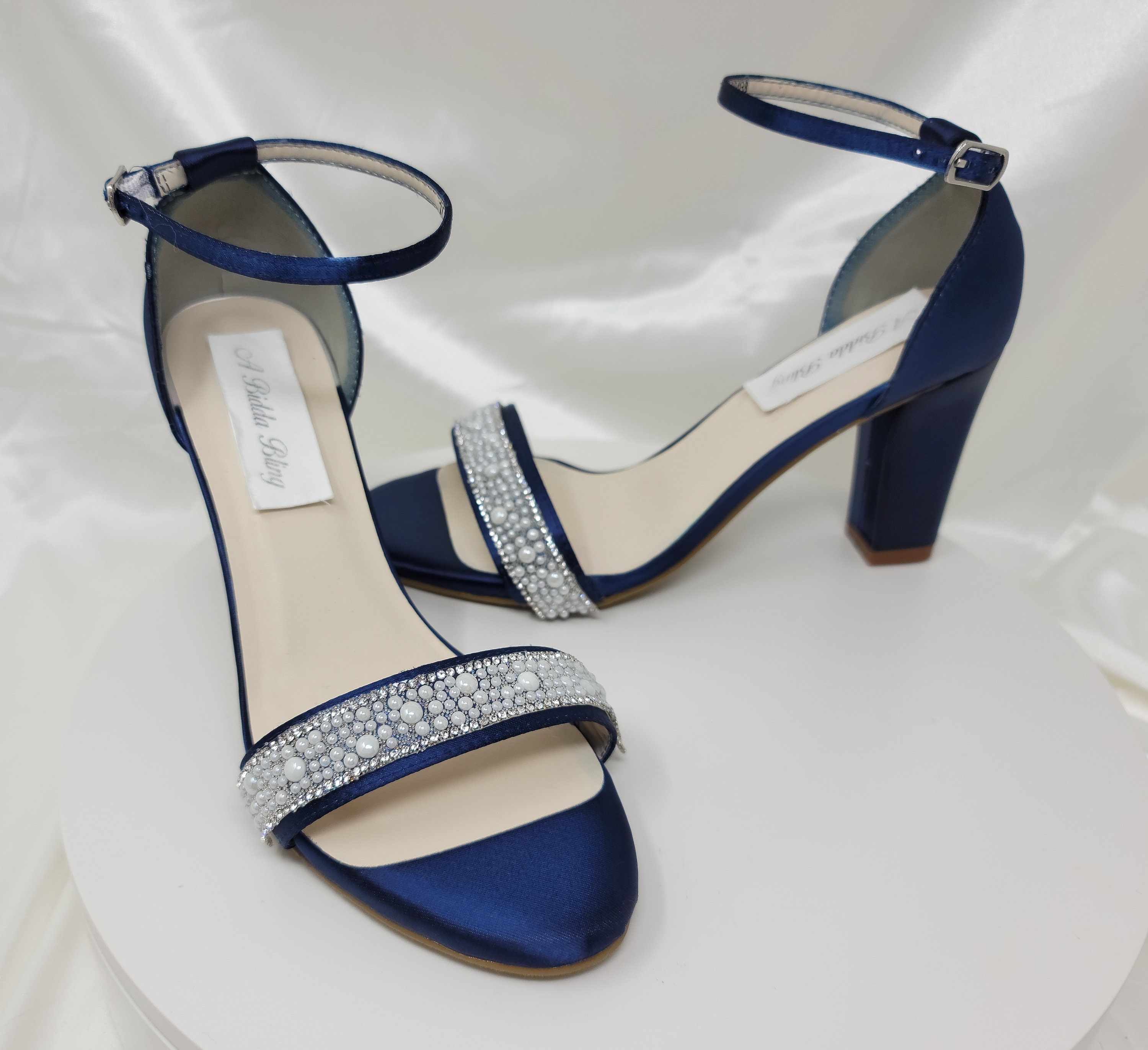 Navy Blue Block Heels with Crystal and Pearl Design Blue Etsy
