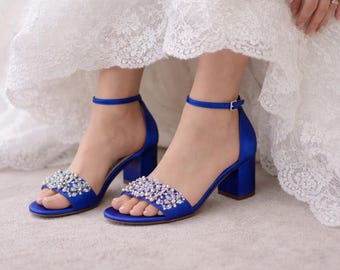 Royal Blue Bridal Shoes Blue Block Heels 100 COLORS Sapphire Blue Chunky Heels Blue Bridal Sandals Crystal and Pearls Something Blue Shoes