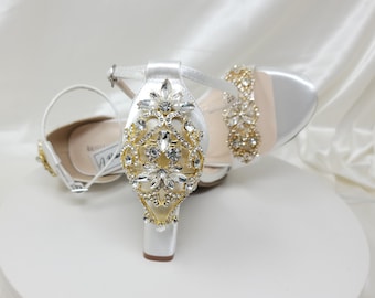 White Block Heel Bridal Shoes with Gold Design White Chunky Heels White Wedding Shoes Ivory Block Heels 100 COLORS Gold Bridal Shoes