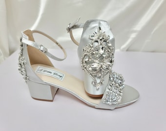 Silver Wedding Shoes Silver Block Heels 100 COLORS Silver Chunky Heels Silver Bridal Sandals Crystal and Pearls Grey Wedding Shoes