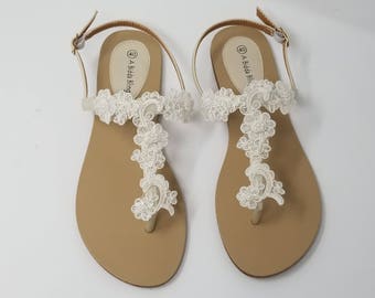 Ivory Lace Wedding Sandals with Lace and Pearls Ivory Wedding Shoes Destination Wedding Sandals Beach Wedding Sandals Vegan Sandals