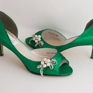 Emerald Green Bridal Shoes Emerald Green Wedding Shoes with Pearl and Crystal Bow or PICK FROM 100 COLORS Bridesmaid Shoes