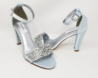 Tacones de bloque azules Más de 100 COLORES Sandalias de novia azules Diseño de pedrería y perlas Zapatos de novia azules Zapatos de boda azules Zapatos de novia color marfil