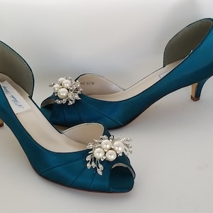 Teal Wedding Shoes with Crystal and Pearl Cascade DesignTeal Bridal Shoes Teal Bridesmaid Shoes  PICK FROM 100 COLORS Different Heel Heights
