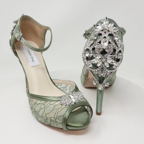 Sage Green Wedding Shoes Sage Green Bridal Shoes Crystal Front Etsy