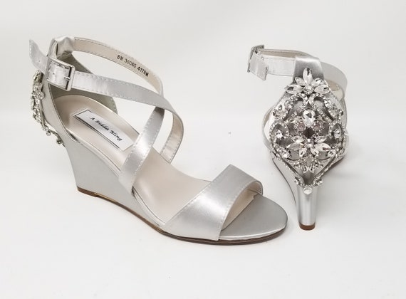 Silver Wedge Bridal Shoes With Crystal Back Design Silver Wedge