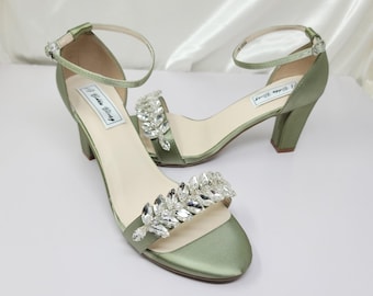 Sage Green Block Heels Sage Green Bridal Shoes Sage Green Wedding Shoes 100 COLORS Crystal Design Sage Green Sandals Green Shoes for Bride