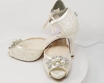 Ivory Lace Wedding Shoes Sparkling Crystal and Pearl Design Ivory Lace Bridal Shoes Lace Ivory Lace Heels - Over 100 Color Choices