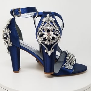 Chunky Heels Over 100 COLORS Blue Bridal Sandals Pearl and Crystal