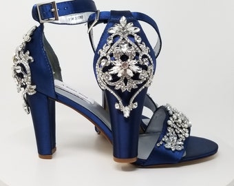 Chunky Heels Over 100 COLORS Blue Bridal Sandals Pearl and Crystal Design Blue Bridal Shoes Blue Wedding Shoes Ivory Bridal Shoes Block Heel