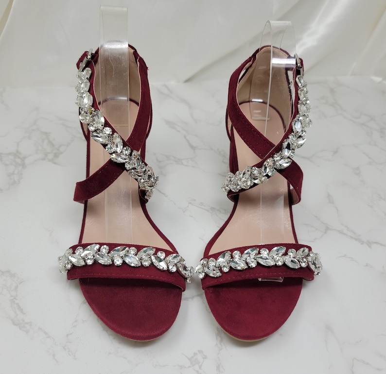 Burgundy Wedding Bling Shoes Burgundy Bridal Shoes Sparkling Crystals Burgundy Bridal Heels Burgundy Wedding Heels Burgundy Block Heels image 2