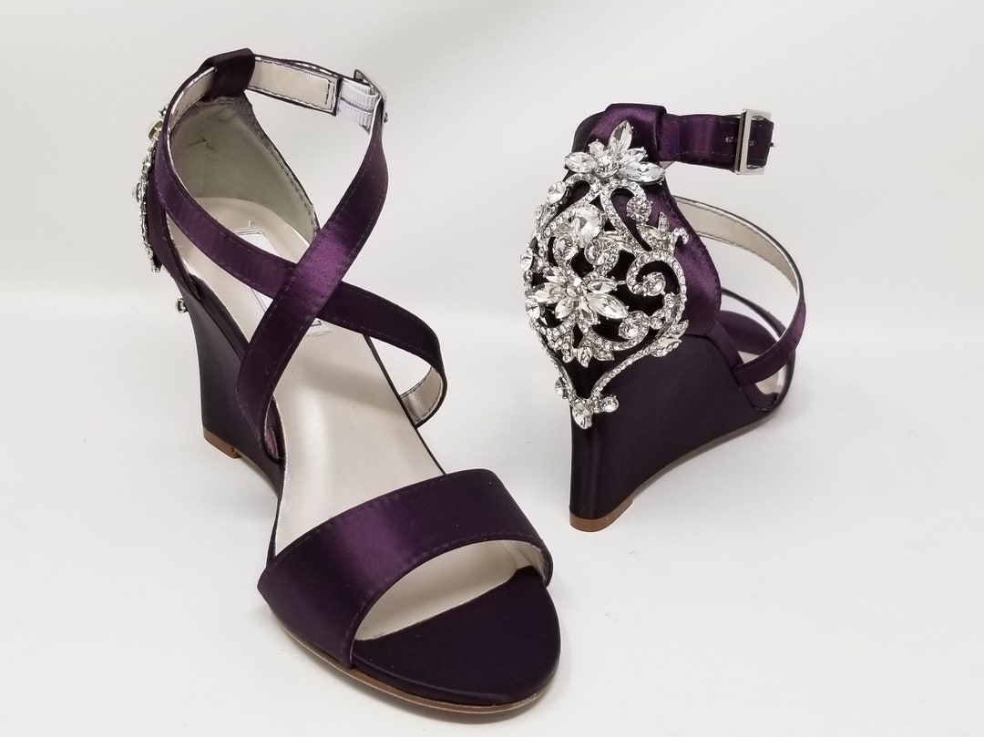 Eggplant Purple Bridal Sandals Purple Bridal Wedge Sparkling Crystal ...