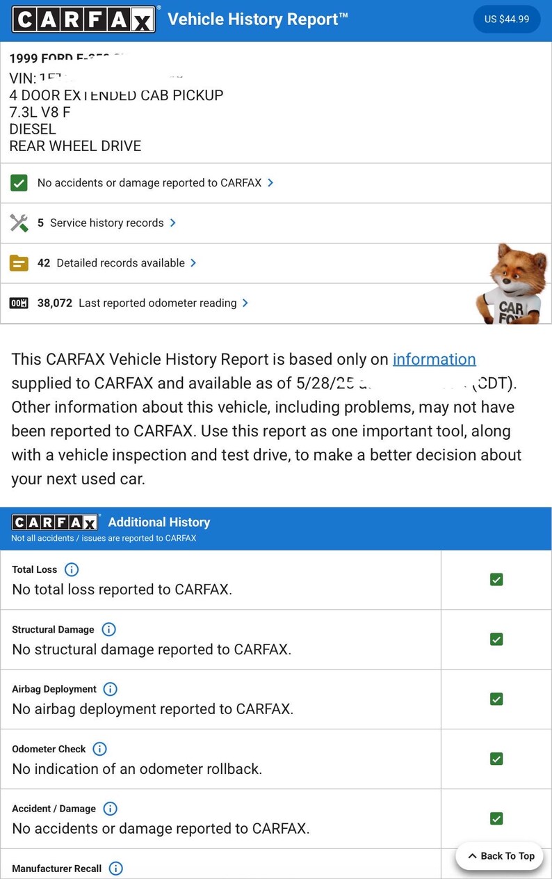 Sample Carfax vehicle history report preview