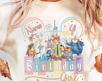 Camiseta de cumpleaños personalizada con nombre y edad de Zootopia 2, regalo de cumpleaños de Disney Judy Hopps Nick Wilde Gary De'Snake, camiseta familiar de Disneyland