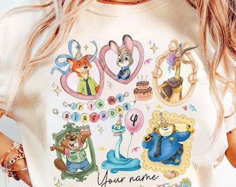 Personalized Name Age Zootopia 2 Birthday Shirt, Disney Judy Hopps Nick Wilde Gary De'Snake Birthday Present Gift, Disneyland Family Tee