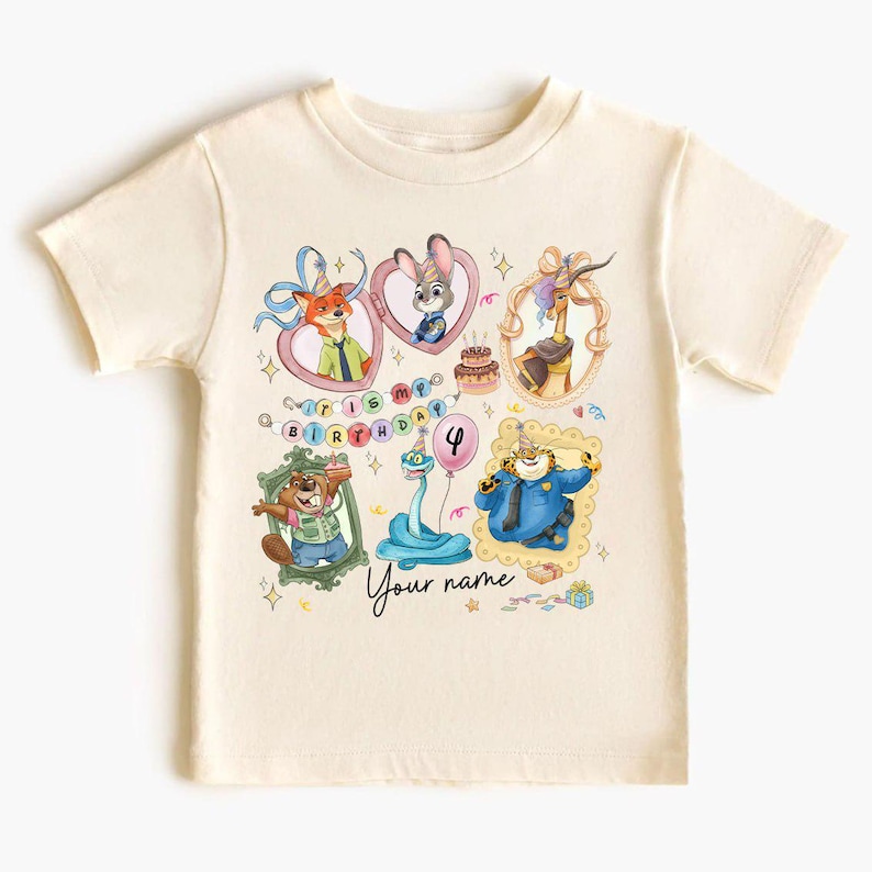 Personalized Name Age Zootopia 2 Birthday Shirt, Disney Judy Hopps Nick Wilde Gary De'Snake Birthday Present Gift, Disneyland Family Tee zdjęcie 2