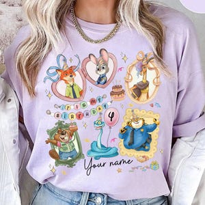 Personalized Name Age Zootopia 2 Birthday Shirt, Disney Judy Hopps Nick Wilde Gary De'Snake Birthday Present Gift, Disneyland Family Tee zdjęcie 3