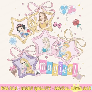 May include: A digital illustration featuring Disney princesses in star-shaped frames with bows. The word "magical" is displayed in colorful letters. Additional elements include balloons, a rose, and a magic carpet.