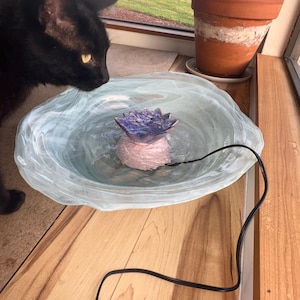 Könnte beinhalten: Dekorativer Wasserbrunnen mit einer hellblau-weißen Glasschale. Der Brunnen hat ein lila Lotusblumen-Design in der Mitte. Eine schwarze Katze schaut auf den Brunnen. Der Brunnen steht auf einer Holzoberfläche.