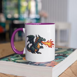 Pixel Dragon Coffee Mug – Retro Gaming 8-Bit Design, Fire Breathing Dragon Cup, Fantasy Gamer Gift, Two-Tone 11oz or 15oz