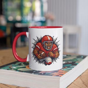 Retro Football Pixel Art Coffee Mug – 8-Bit Running Back Design, Gamer Sports Gift, Funny Game Day Cup
