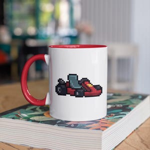 Retro Kart Racer Coffee Mug – Pixel Art 8-Bit Design, Classic Arcade Gamer Gift, Two-Tone 11oz or 15oz Cup with Colored Handle