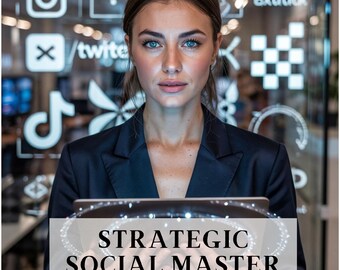 Puede incluir: Una mujer con una blazer negra sostiene una tableta con el texto "STRATEGIC SOCIAL MASTER PLANNER". Los iconos de las redes sociales, como Instagram, Facebook y Twitter, son visibles en el fondo. La imagen está diseñada por Komalgodigital.