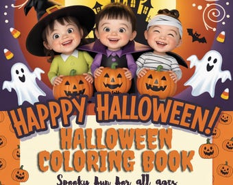 Op de afbeelding: Een Halloween-kleurboekcover met de tekst "HAPPPY HALLOWEEN! HALLOWEEN COLORING BOOK". De cover toont drie lachende kinderen in kostuums die gesneden pompoenen vasthouden, met vleermuizen, geesten en snoepmaïsaccenten.