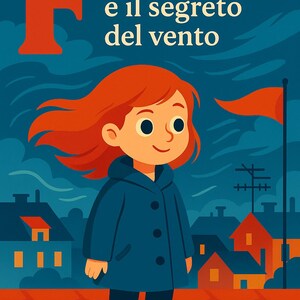 Può includere: Illustrazione di copertina di libro con una bambina con i capelli rossi e un cappotto blu. Il titolo "Frida e il segreto del vento" è mostrato con una grande "F" arancione. Il nome dell'autore, Musmeci Federica, è in basso.