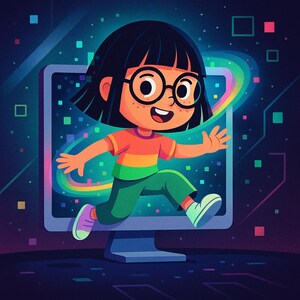Può includere: Illustrazione di un cartone animato di un bambino con gli occhiali e una maglietta a righe arcobaleno, che salta fuori da uno schermo di computer. Lo sfondo è blu scuro con quadrati e linee colorate, che suggeriscono un mondo digitale.