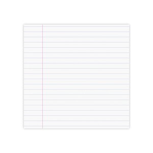 Può includere: Un foglio di carta bianco rettangolare a righe, con una linea di margine verticale rosa sul lato sinistro. Le linee orizzontali sono di colore azzurro. La carta è pulita e nitida, ideale per scrivere o prendere appunti.
