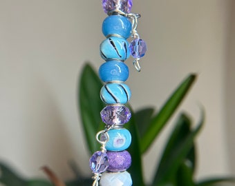 Unique Sky blue and Lavender All glass bead fairy stick.Includes 3 dangling purple crystals !