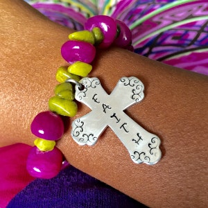 Faith Hand Stamped Cross beaded bracelet
