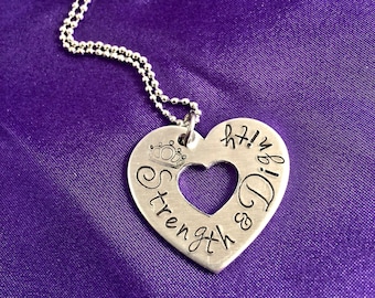 She is clothed in strength and dignity hand stamped heart necklace Proverbs 31:25 - Christian woman
