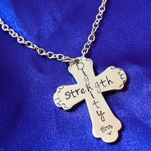 She is Clothed in Strength and Dignity Hand stamped scripture cross necklace - Christian Women