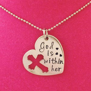 Psalm 46:5 God is Within Her hand stamped heart necklace with cross
