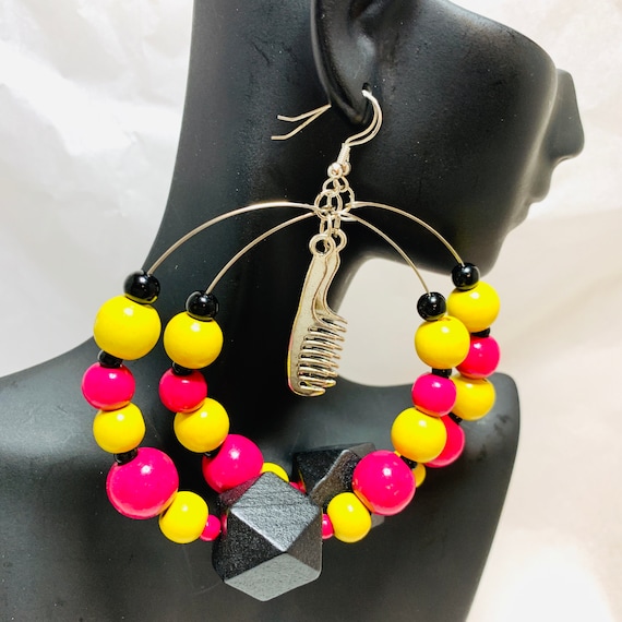 Earrings with pink and black wooden beads