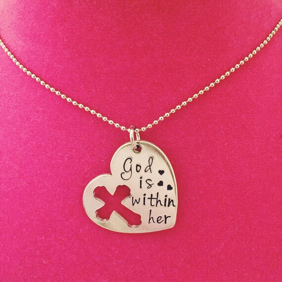 Psalm 46:5 God is Within Her Hand Stamped Heart Necklace With